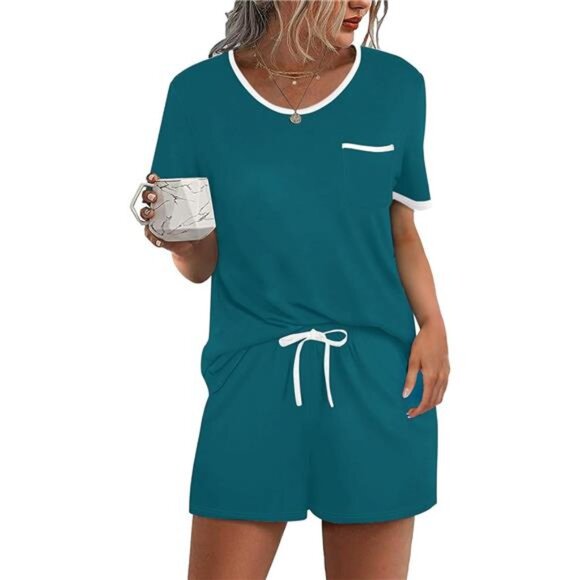 Pajama Set for Women 2 Piece Blue Green